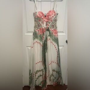 Dave & Johnny Strapless Floral Gown in Pink and Green